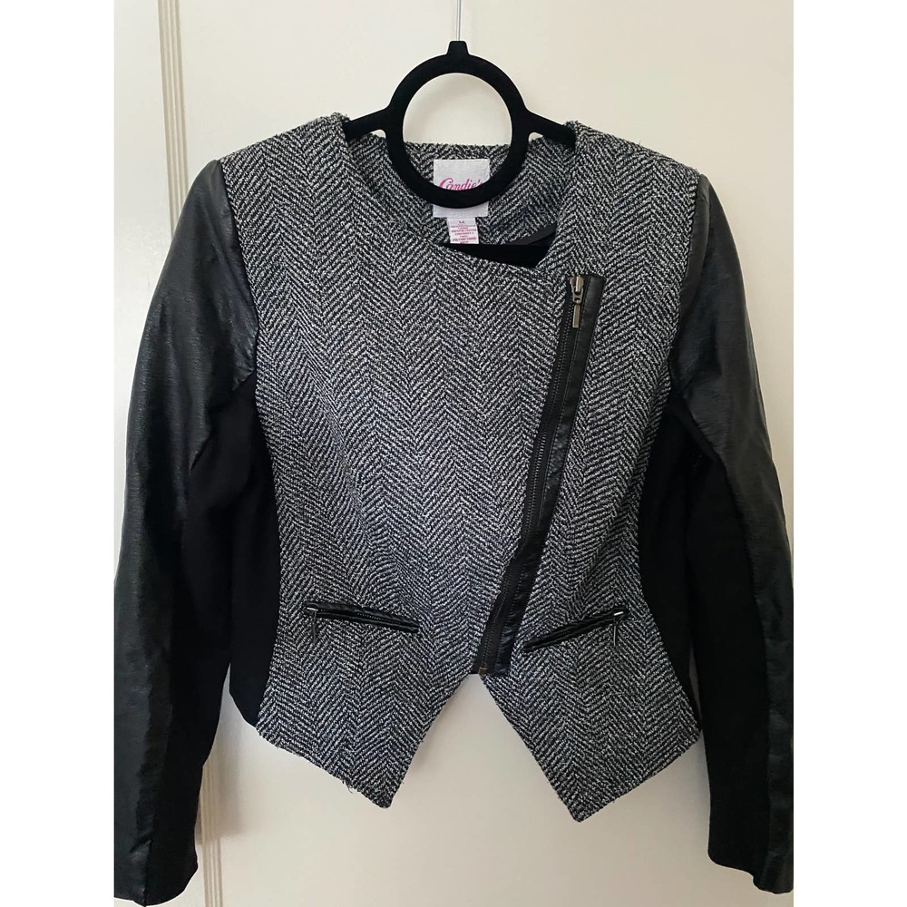 Vintage Candles Black Tweed Jacket with Fux Leather Sleeves Size M